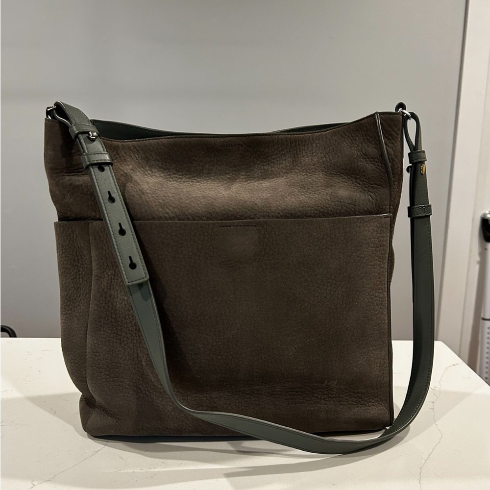 ALL SAINTS grey suede crossbody/shoulder bag